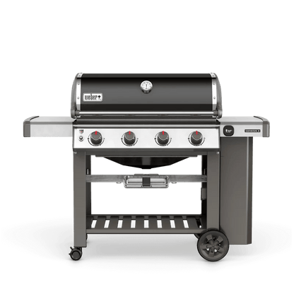 Casavibeo Weber Genesis II E-410 NG gas grill with four burners, stainless steel lid, side shelves, and control knobs.