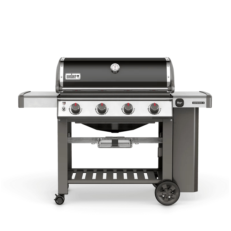 Casavibeo Weber Genesis II E-410 NG gas grill with stainless steel burners and side shelves, shown from front view.