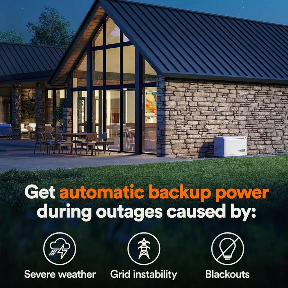 Generac 7043 22kW air-cooled Guardian Series home standby generator with 200-amp transfer switch, shown in outdoor setup