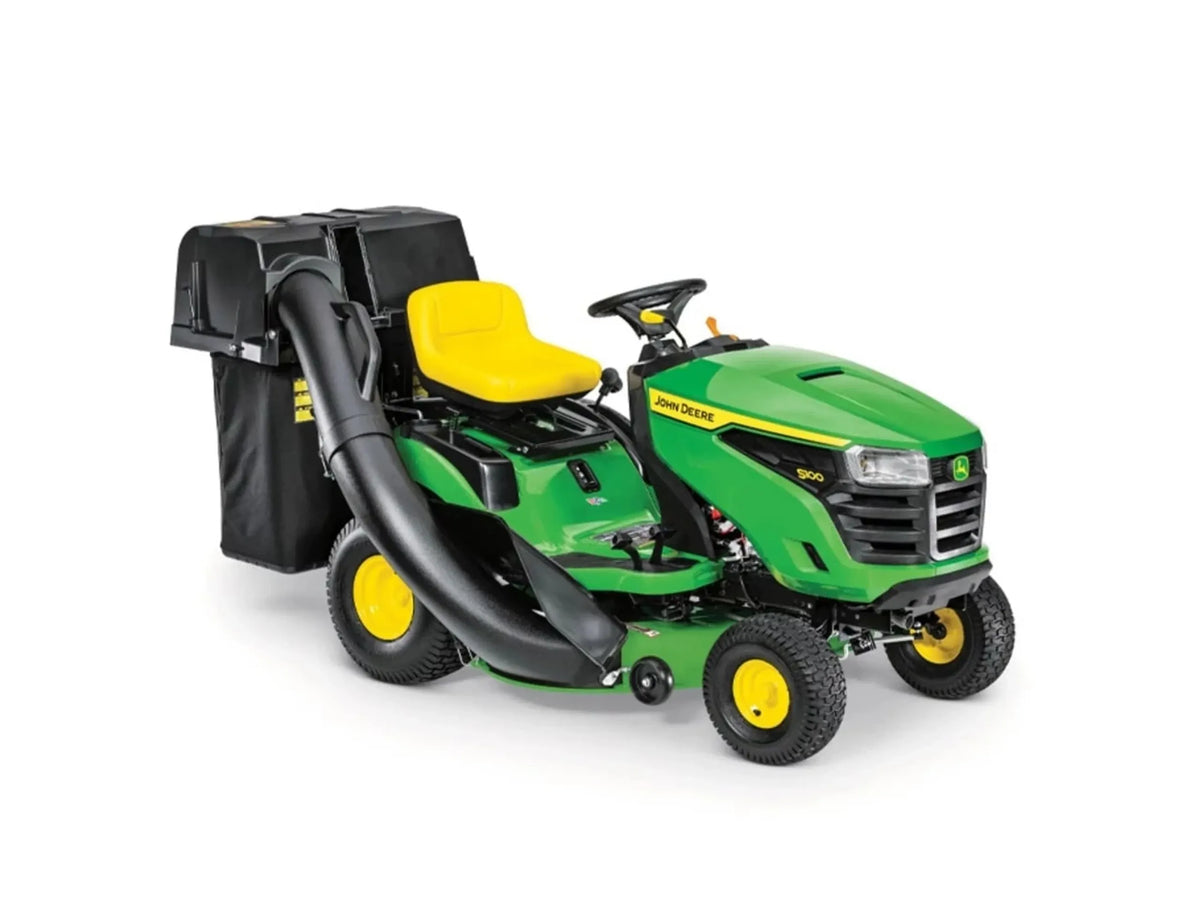 John Deere S100 42-inch hydrostatic riding lawn tractor with 17.5 HP engine, shown with bagger attachment.