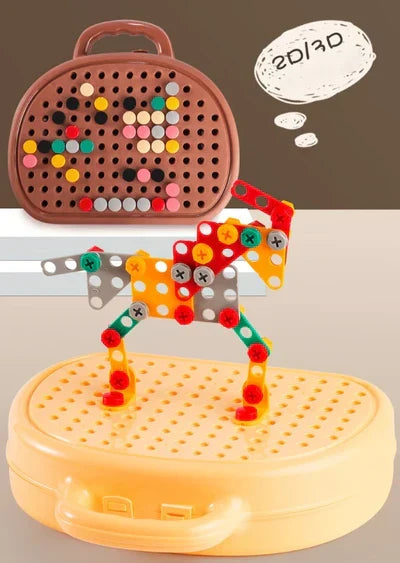 Children's electric drill puzzle toy in a Belro toolbox, featuring colorful plastic tools and a pretend electric drill for kids.