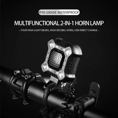 Belro bike bell and light mounted on a bicycle handlebar, outdoor setting, showcasing the compact design and functionality.