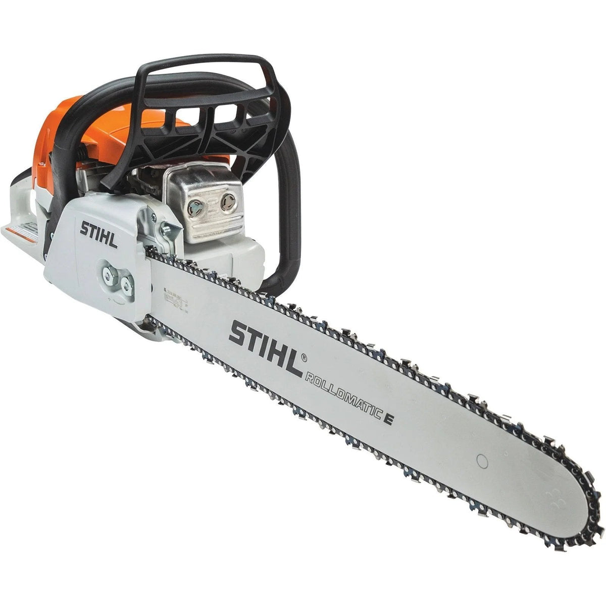 Stihl gas-powered chainsaw with 20-inch bar, 55.5cc engine, and 0.325-inch chain pitch, model MS 291 20, on a workbench.