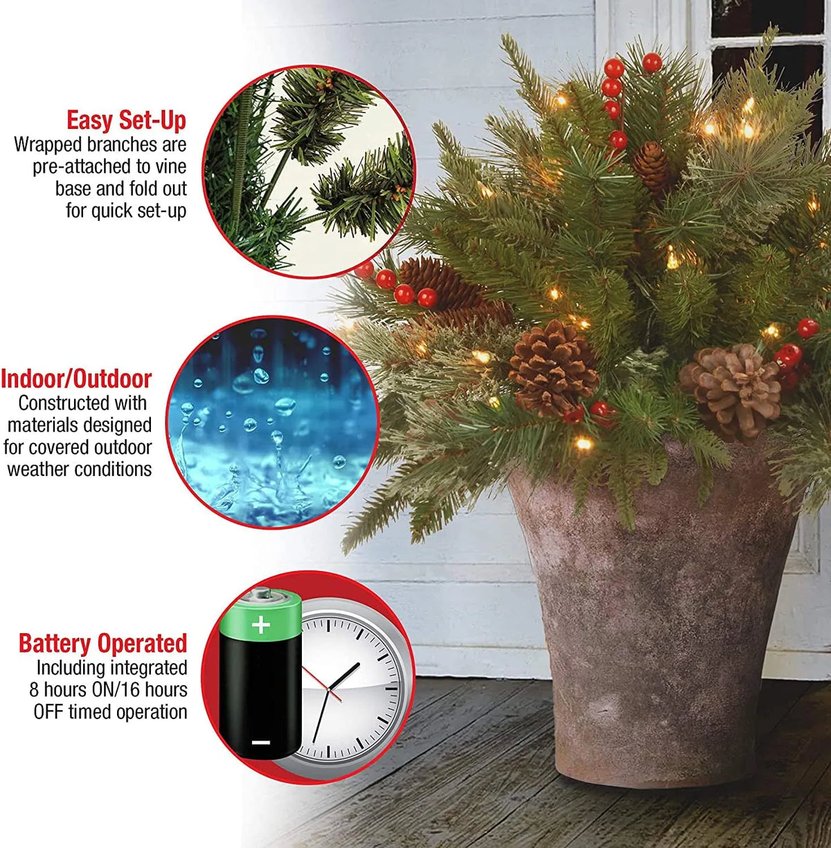 Belro Pre-lit Artificial Christmas Tree with realistic feel, decorated with lights, in a decorative urn for home holiday decor.