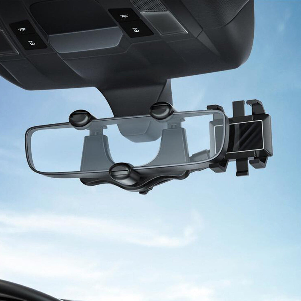 Belro universal car rearview mirror phone holder with hands-free device mounted on a rearview mirror, suitable for in-car use.