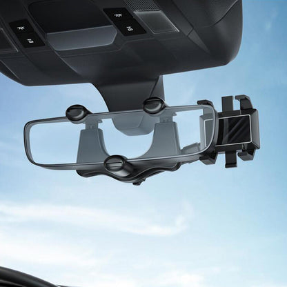 Belro universal car rearview mirror phone holder with hands-free device mounted on a rearview mirror, suitable for in-car use.