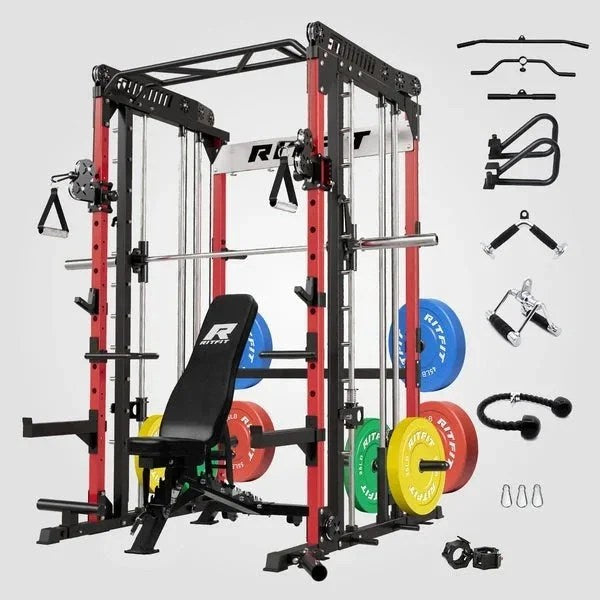 Casavibeo RitFit M1 Pro Smith Machine home gym package with weight plates, barbell, and workout accessories.