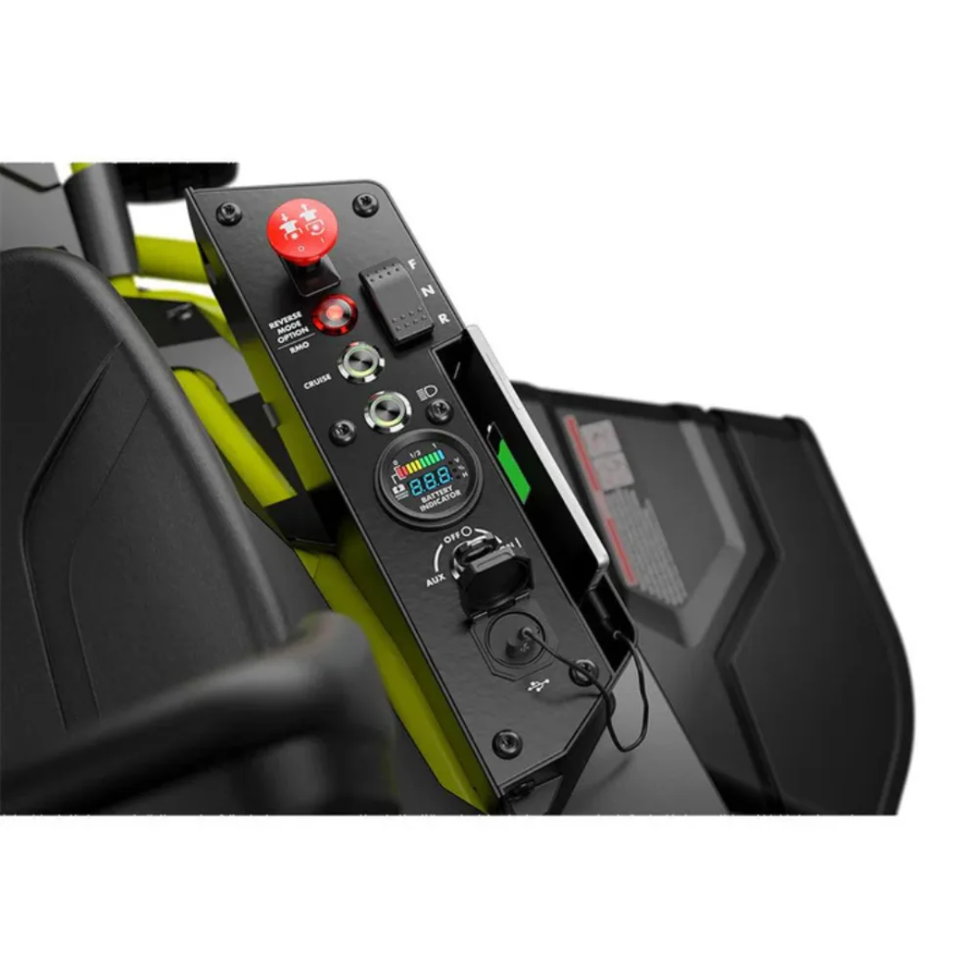 Casavibeo RYOBI 38-inch electric riding lawn mower with 100 Ah battery and rear engine, shown in a yard setting.