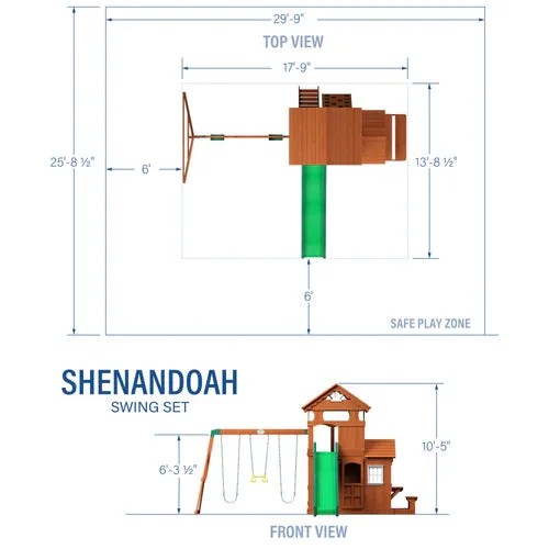 Diagram of Backyard Discovery Shenandoah cedar wood swing set with slide, showing detailed layout and components.