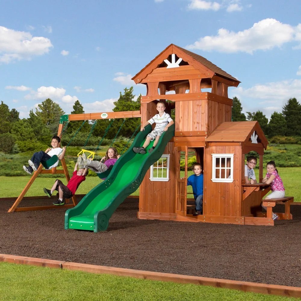 Casavibeo Shenandoah Cedar Wood Swing Set with a slide for backyard play, featuring natural wood finish and safety features.