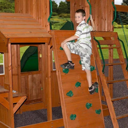 Casavibeo Backyard Discovery Shenandoah cedar wood swing set with slide, outdoor play equipment, in a backyard setting