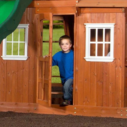Casavibeo Shenandoah Cedar Wood Swing Set with slide, outdoor backyard play equipment for kids, in a lush green yard setting.