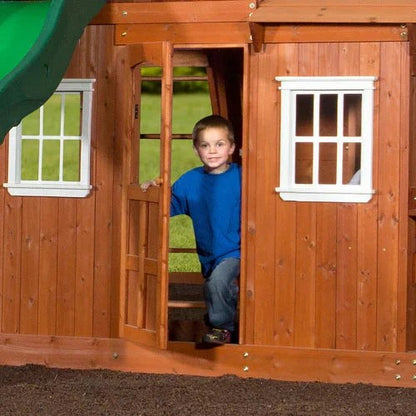 Casavibeo Shenandoah Cedar Wood Swing Set with slide, outdoor backyard play equipment for kids, in a lush green yard setting.