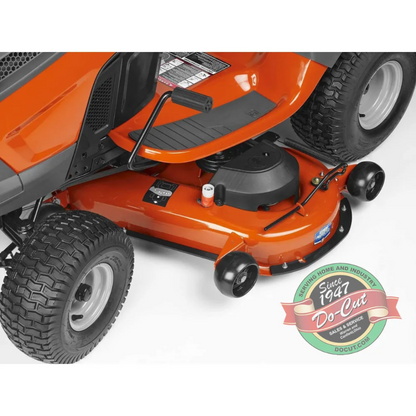 Husqvarna 22 HP 46-inch riding lawn tractor with cutting deck and comfortable seat, ideal for large yard lawn maintenance.