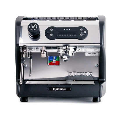 Casavibeo Lucca A53 espresso machine in black with silver accents, featuring a sleek design and coffee brewing components.
