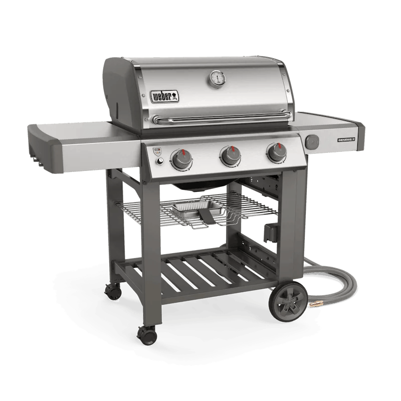 Casavibeo Weber Genesis II S-310 gas grill with black lid, side shelves, and four control knobs in a modern outdoor setting