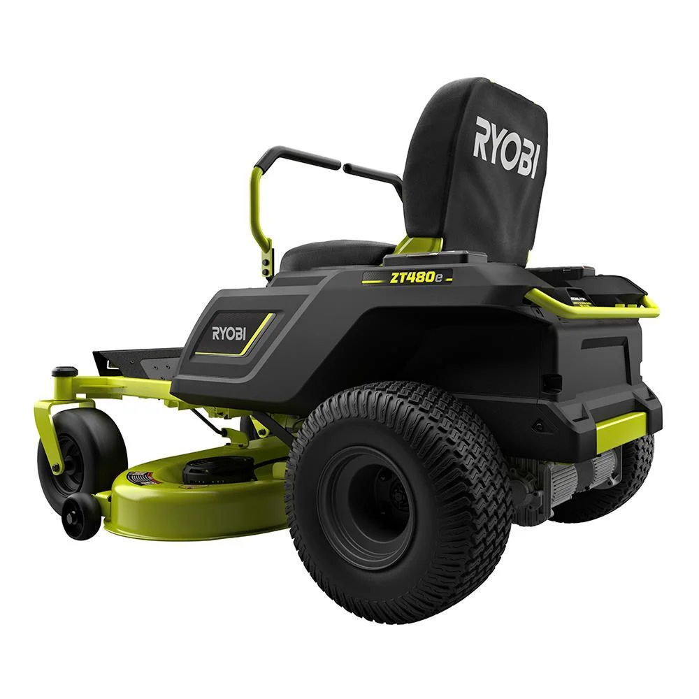 RYOBI 48V 42-inch electric riding zero turn mower with 75 Ah battery, shown in a garden setting.