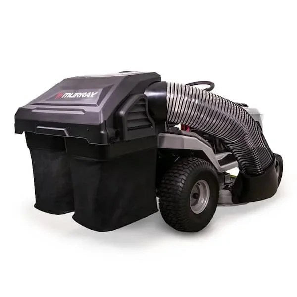 Casavibeo Murray double bagger attached to a riding tractor, showing the durable black and green bagging system in use.
