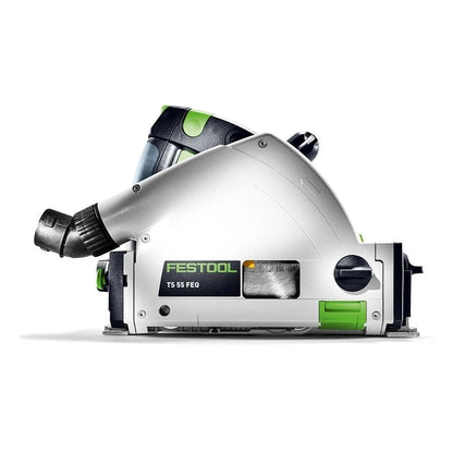 Casavibeo Festool plunge cut track saw TS 55 FEQ-F-Plus with guide rail and adjustable cutting depth, shown in a workshop setting.