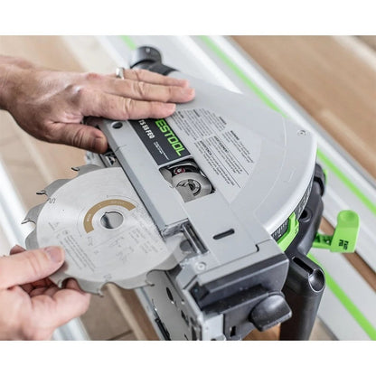 Casavibeo Festool plunge cut track saw TS 55 FEQ-F-Plus with guide rail and safety features for precise woodworking cuts.