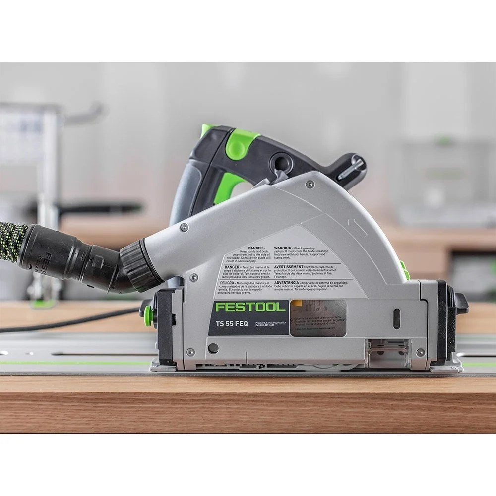 Casavibeo Festool plunge cut track saw TS 55 FEQ-F-Plus with guide rail on work surface, showing precision cutting features