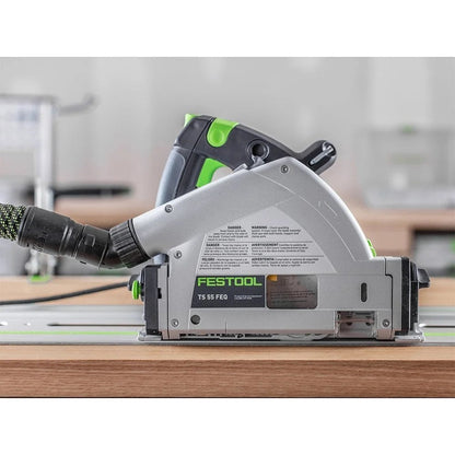 Casavibeo Festool plunge cut track saw TS 55 FEQ-F-Plus with guide rail on work surface, showing precision cutting features