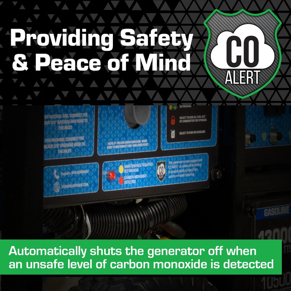 DuroMax XP13000HXT tri-fuel generator with remote start, gasoline, propane, and natural gas options, featuring CO alert system.