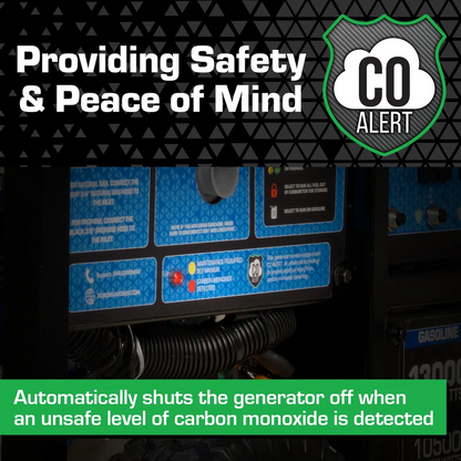 DuroMax XP13000HXT tri-fuel generator with remote start, gasoline, propane, and natural gas options, featuring CO alert system.