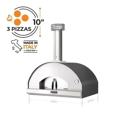 Casavibeo Fontana Forni Mangiafuoco wood-fired pizza oven in anthracite, showing its compact design and outdoor cooking features.