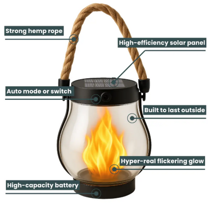 BowLift Solar Flame Garden Light with glowing fire seed design, outdoor décor for magical mood lighting in gardens and patios.