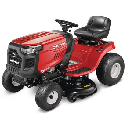Casavibeo Troy Bilt Bronco 42-inch riding lawn tractor with 19 HP Briggs & Stratton engine and automatic drive system.