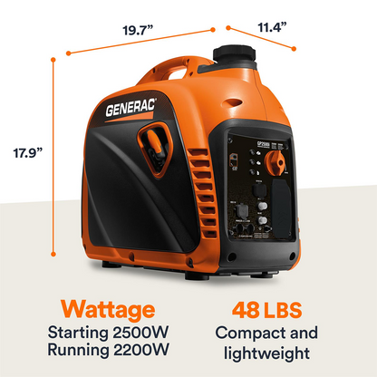 Casavibeo Generac GP2500i Series portable generator with compact design and dual outlets for outdoor power needs