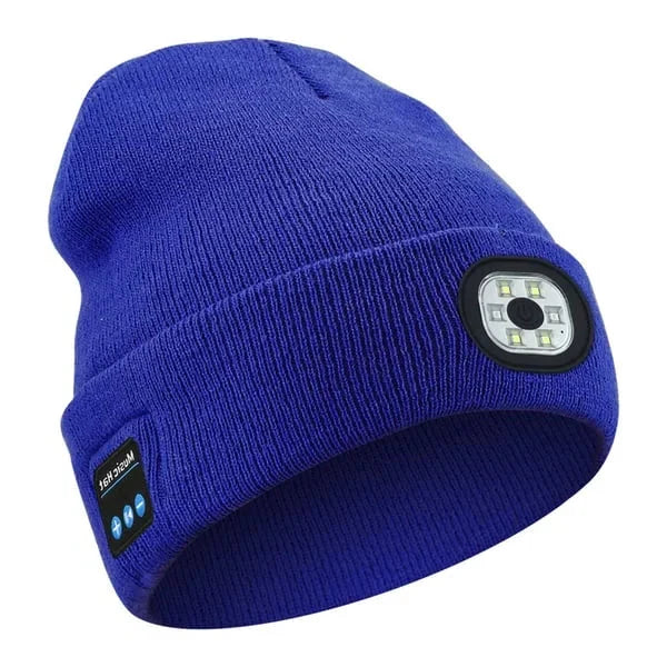 Belro 3-in-1 Bluetooth beanie with built-in flashlight and LED light for hands-free illumination and music listening.