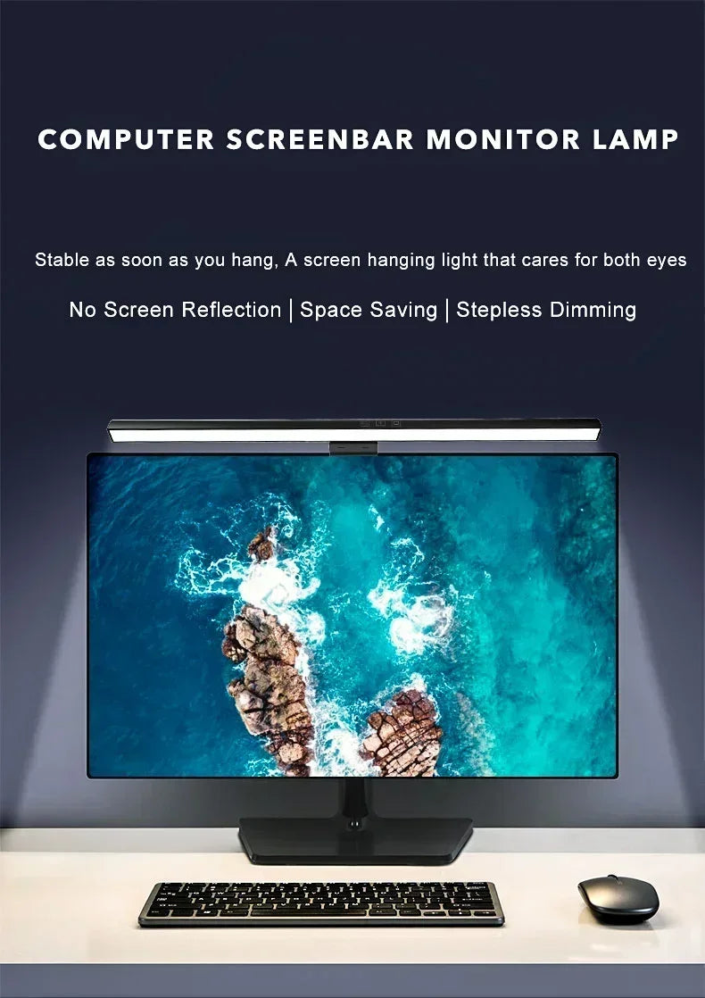 Belro LED monitor light bar attached to a computer monitor, providing adjustable backlighting for improved screen visibility.