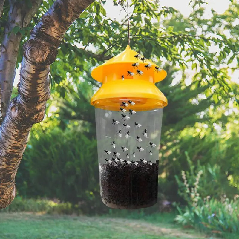 Belro reusable outdoor hanging fly trap hanging from a tree, designed for effective pest control in home and garden outdoor spaces.