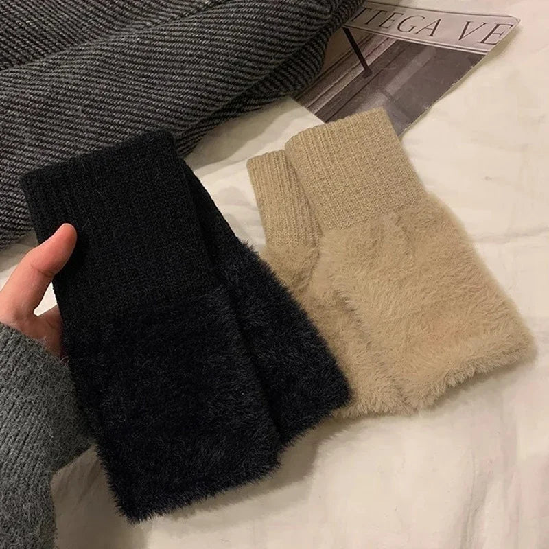 Belro plush cozy fingerless gloves for women, soft and warm clothing accessory, shown in natural beige color.