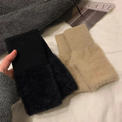 Belro plush cozy fingerless gloves for women, soft and warm clothing accessory, shown in natural beige color.