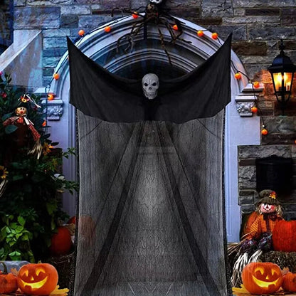 Belro outdoor Halloween ghost costume with skeleton mask, featuring spooky ghostly fabric and detailed skeleton face for Halloween decor.