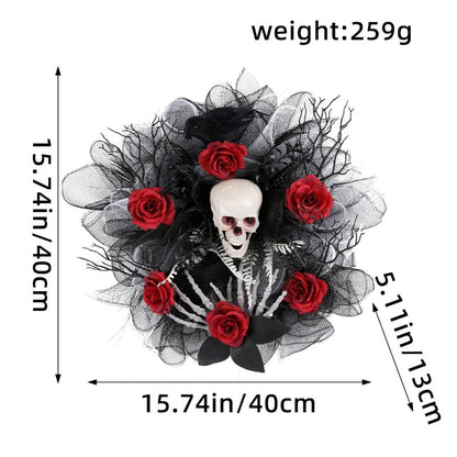 Red rose and skull Halloween garland wreath for front door, decorative Belro home and garden Halloween décor, vibrant and spooky.