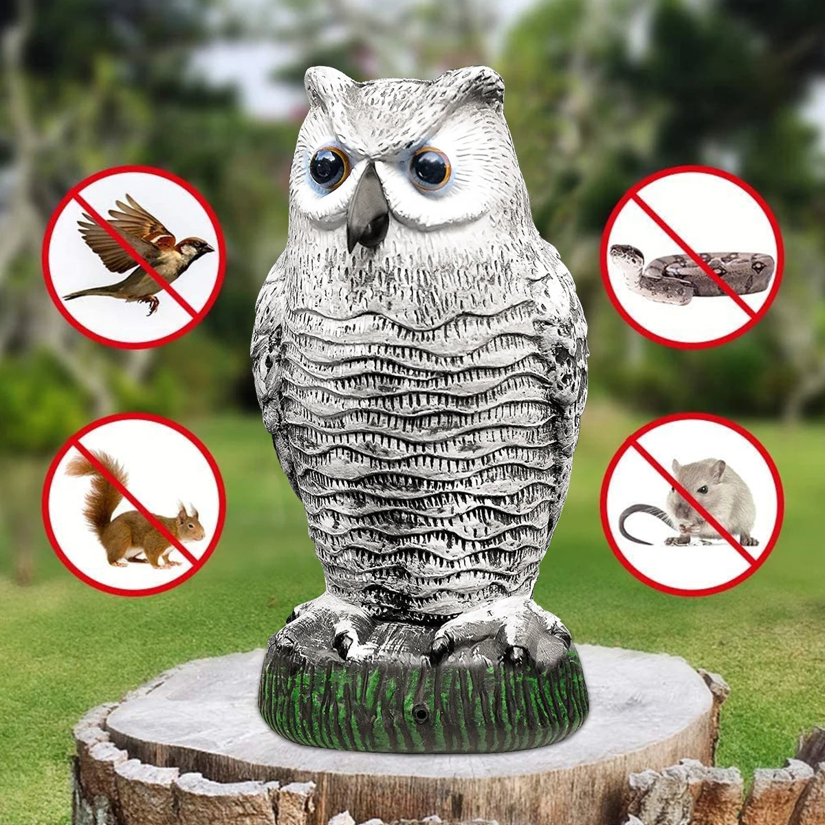Realistic owl decoy bird repeller from Belro, designed to deter pests in home and garden decor settings.