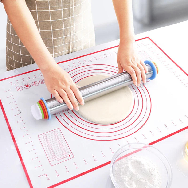 Belro adjustable rolling pin with ring guides for even dough thickness in kitchen and baking preparation.