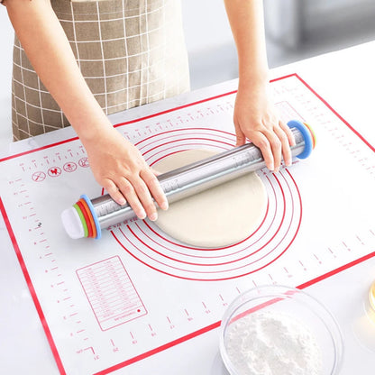 Belro adjustable rolling pin with ring guides for even dough thickness in kitchen and baking preparation.
