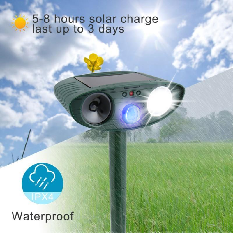 Belro Dog Outdoor Solar Ultrasonic Repeller in garden, designed to deter dogs with ultrasonic sound, eco-friendly solar power.