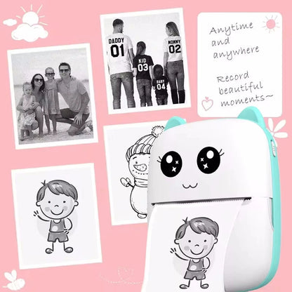 Belro mini wireless portable thermal label printer showing printed labels on its compact electronic device.