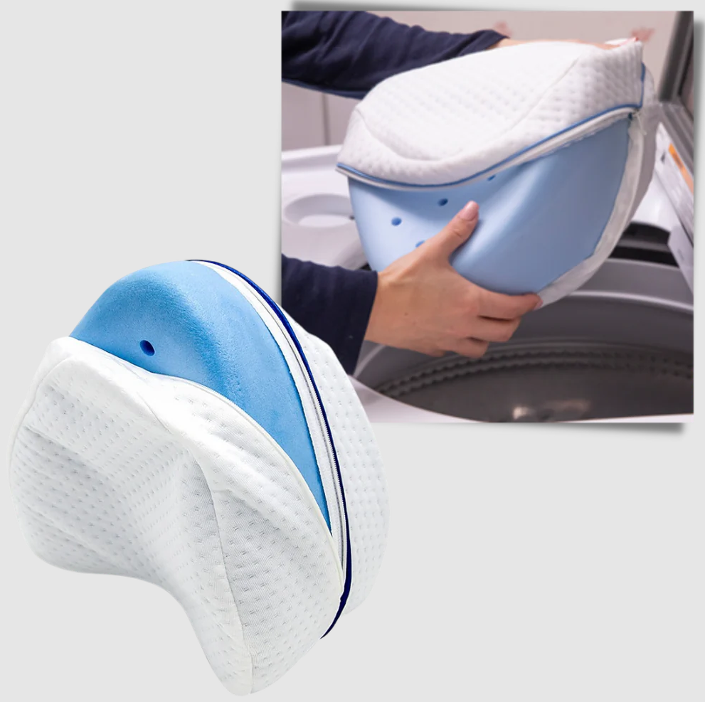 Belro orthopedic knee and leg pillow with memory foam, support cushion for back and leg relief, in a neutral color.