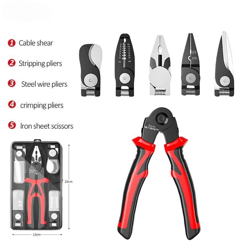 Belro 5-in-1 electric multifunctional pliers set with various tool heads, ideal for DIY repairs and household tasks.