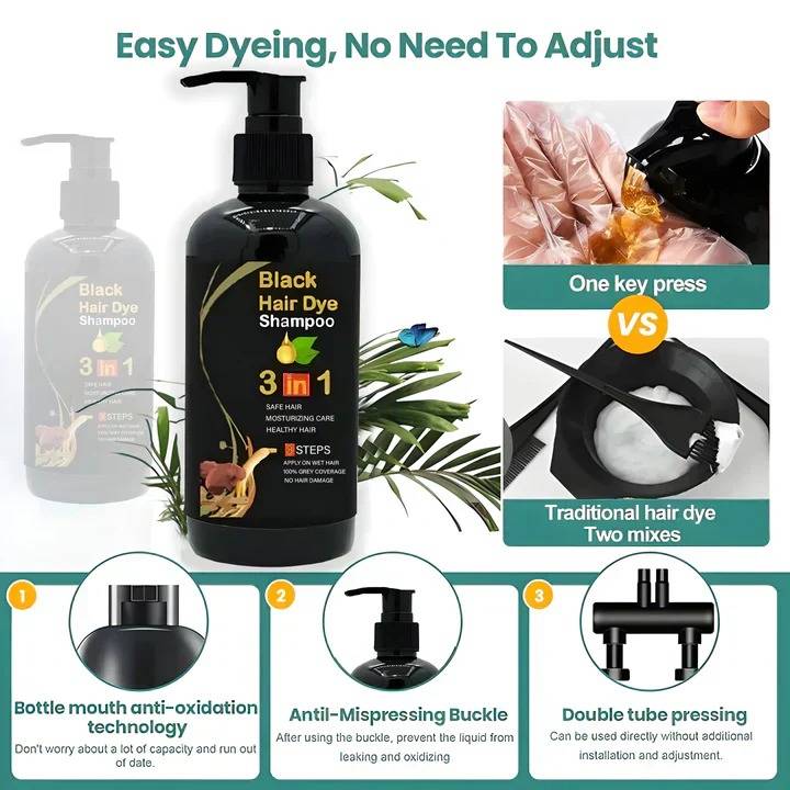 Belro Black Hair Shampoo Dye for hair coloring, shown in a sleek bottle with black and white packaging.