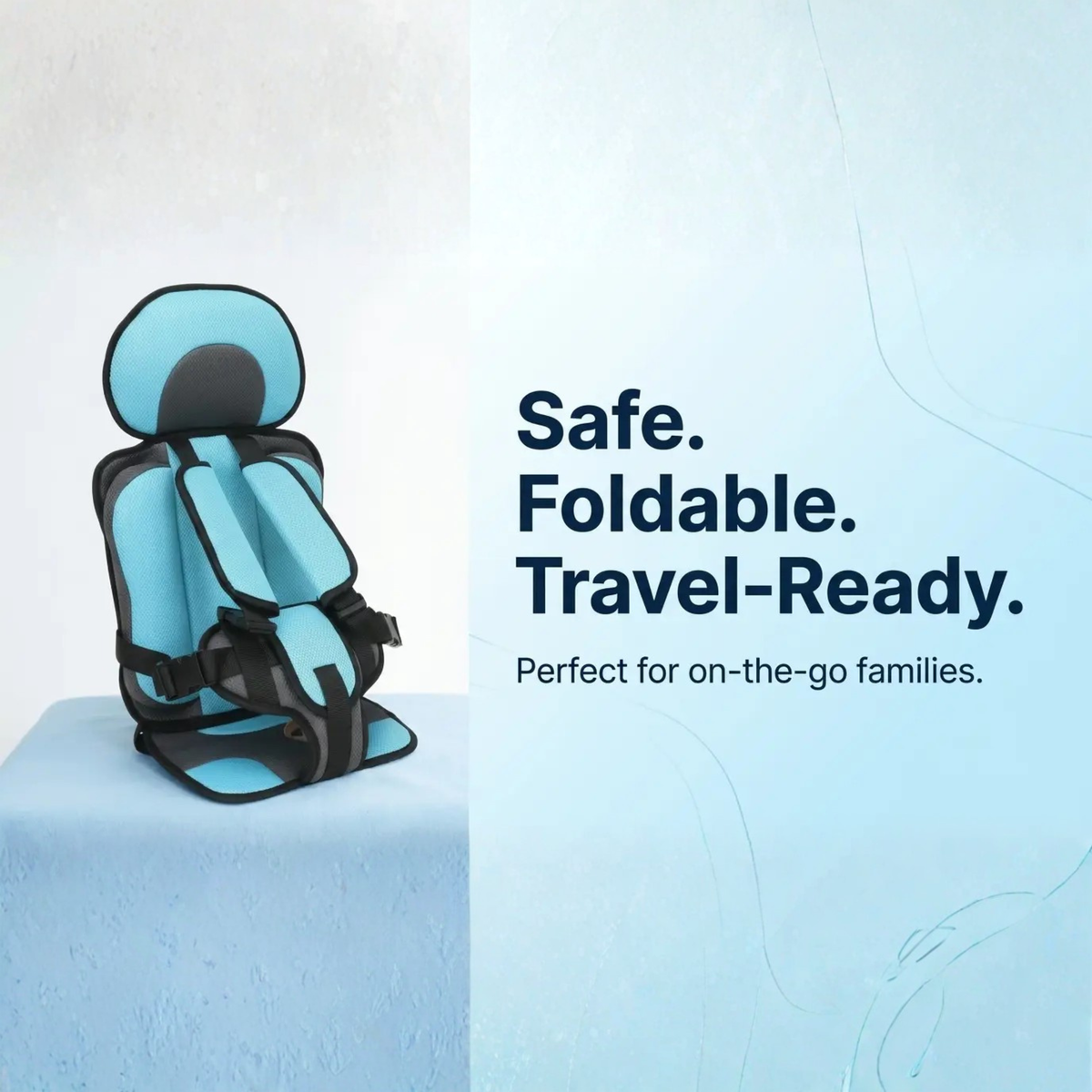 Foldable BowLift child car booster seat in compact design, suitable for travel and safety, shown in a folded position.