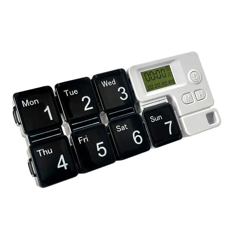 Belro Smart Electronic Weekly Pill Organizer with digital display and multiple compartments for medication management.