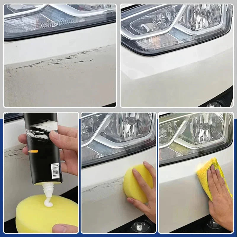 Mivoza car scratch remover paste in a tube, showing application on a car's scratched surface for easy scratch repair at home.